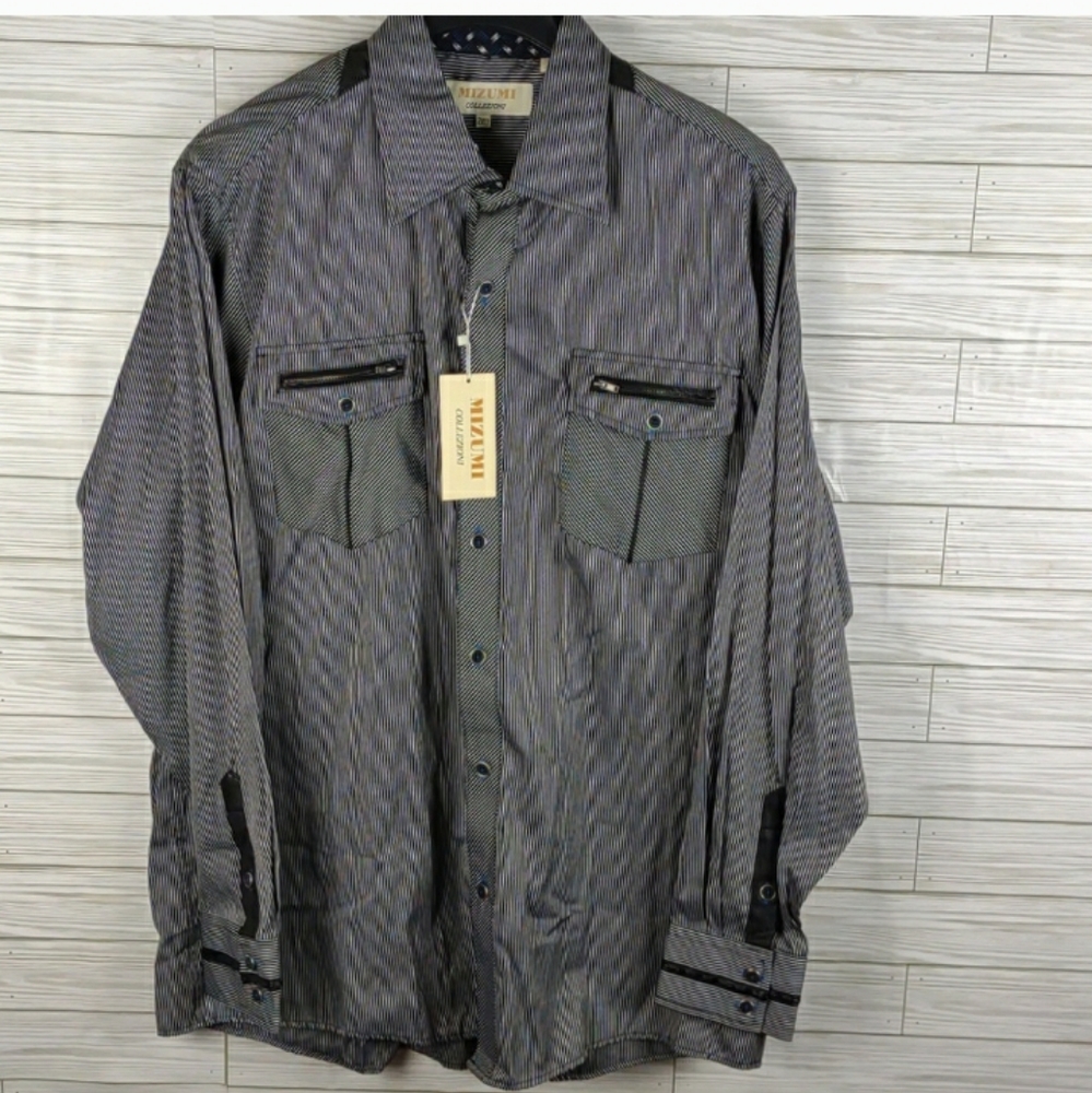 Mizumi Black & White Stripe Long Sleeve Dress Shirt Men's 2XLT